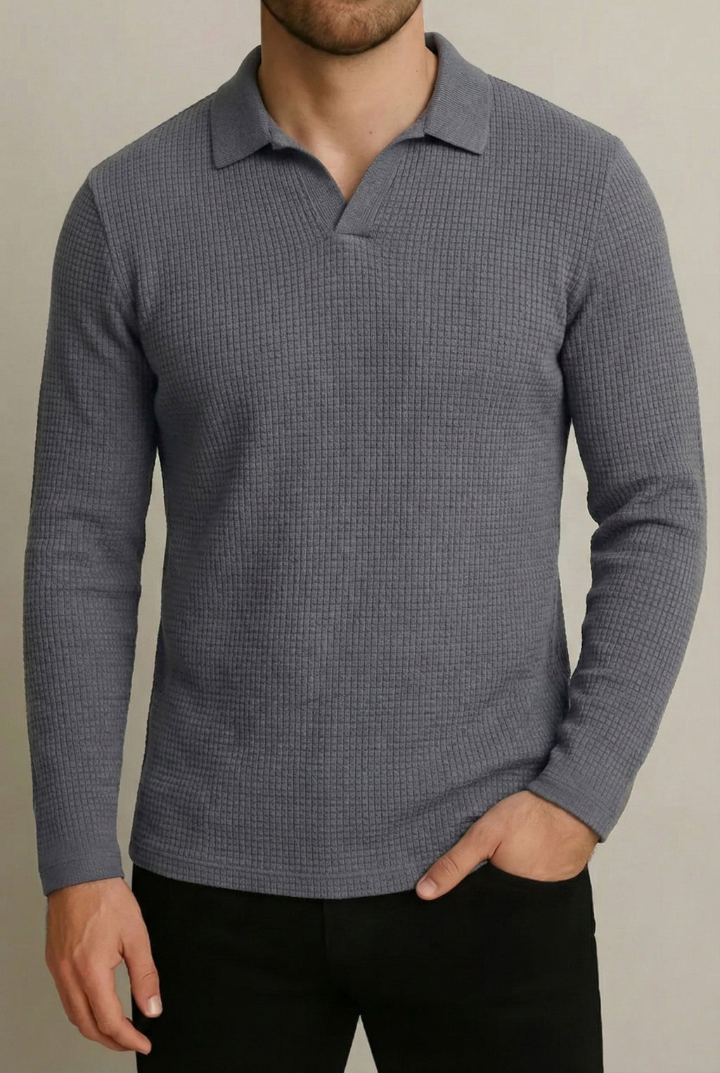Smoke Grey Waffle Knit Full Sleeve Johnny Collar Polo