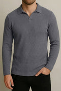 Smoke Grey Waffle Knit Full Sleeve Johnny Collar Polo