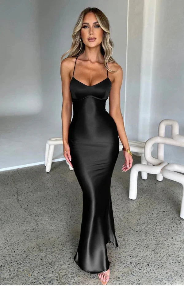 Bellarose Satin Black Tie Wedding Guest Maxi Dress
