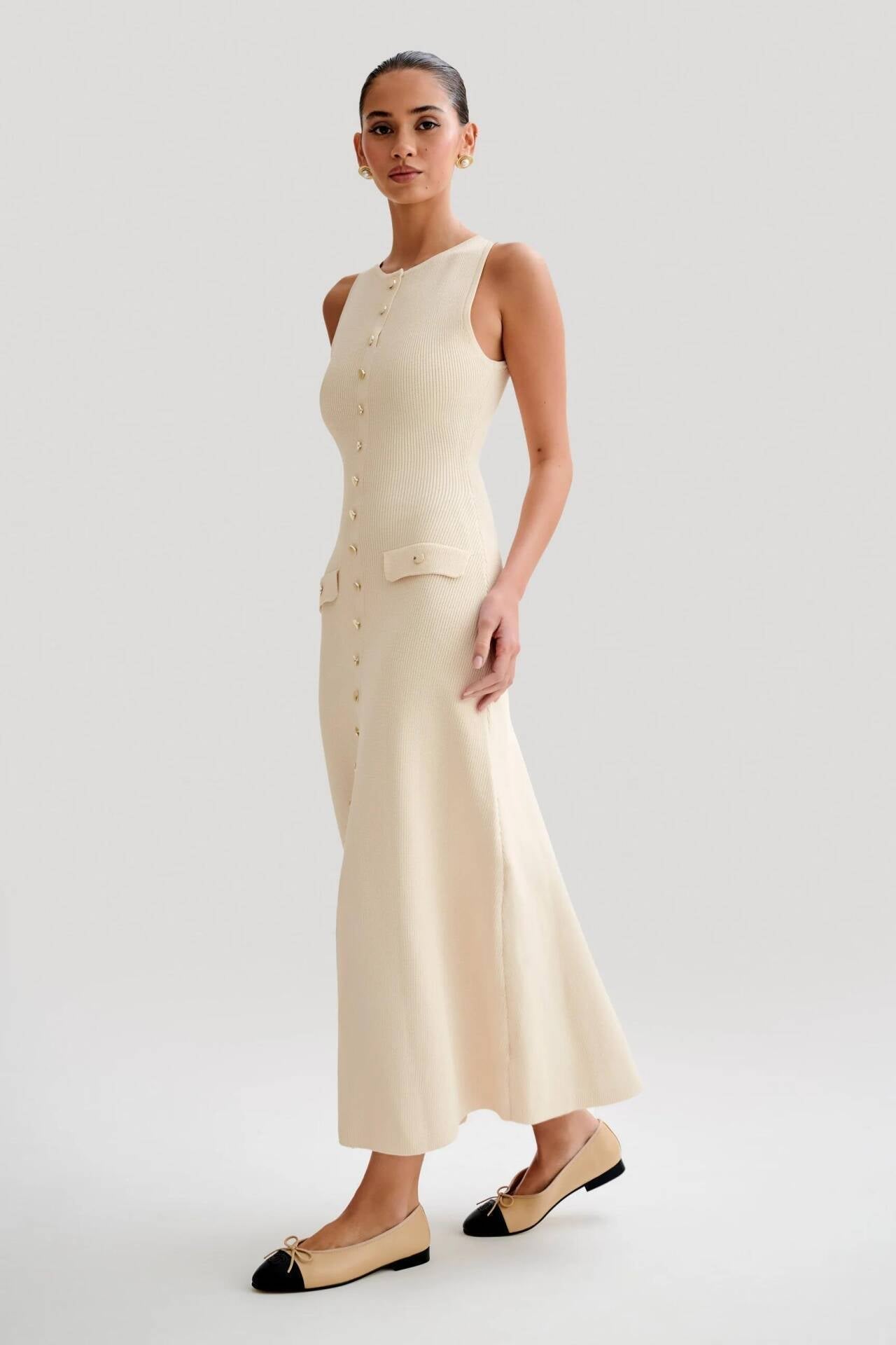 Apolline Sleeveless Bodycon Ribbed Knit Sweater Midi Dress