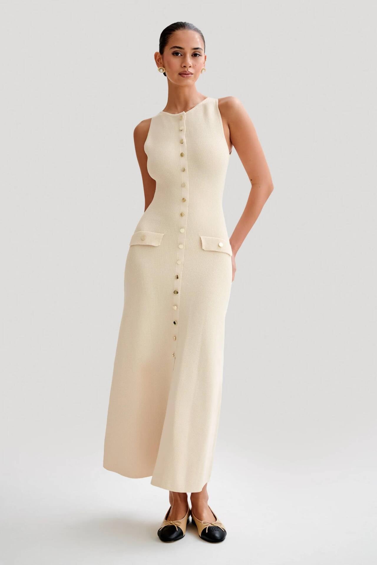 Apolline Sleeveless Bodycon Ribbed Knit Sweater Midi Dress