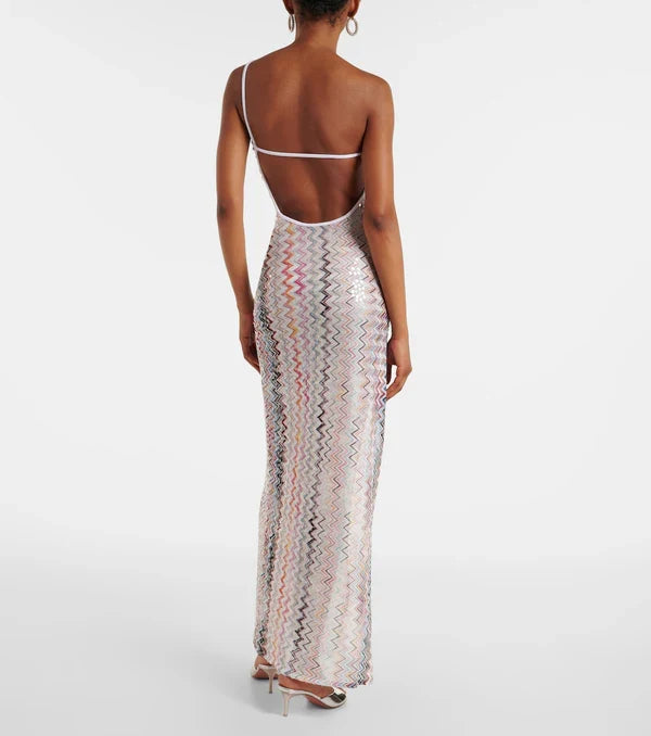 Aviana Chevron Sequin One Shoulder Cocktail Maxi Dress