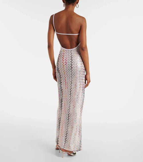 Aviana Chevron Sequin One Shoulder Cocktail Maxi Dress