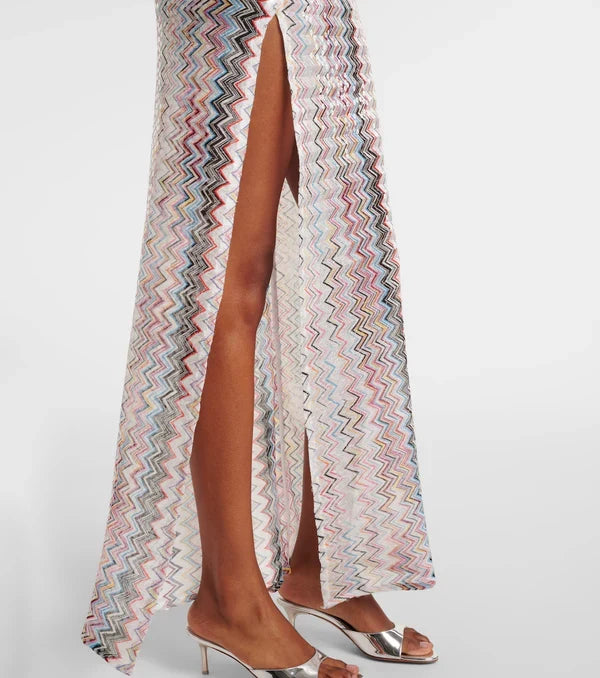 Aviana Chevron Sequin One Shoulder Cocktail Maxi Dress