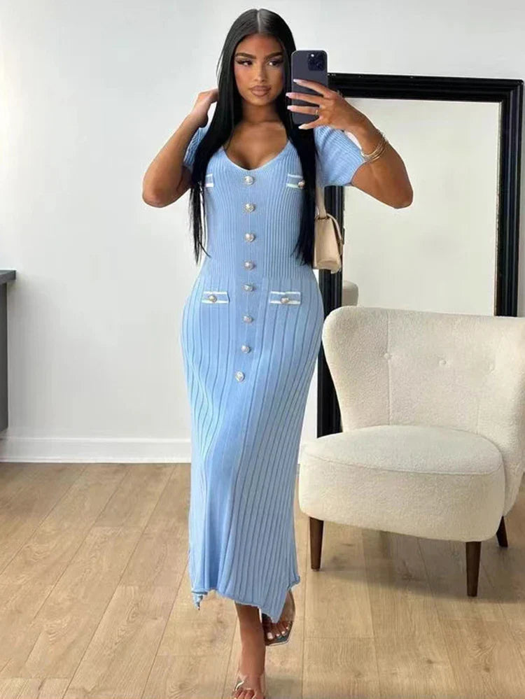 Bertina Short Sleeve Slim Ribbed Knit Sweater Maxi Dress