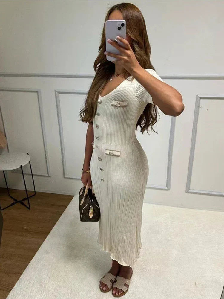 Bertina Short Sleeve Slim Ribbed Knit Sweater Maxi Dress