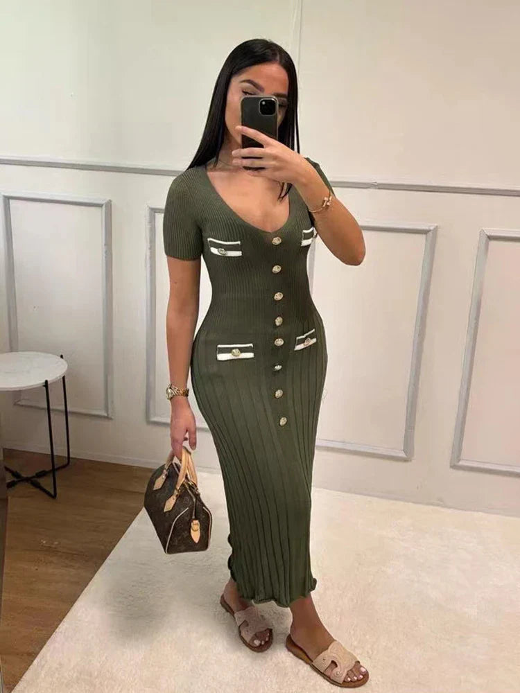 Bertina Short Sleeve Slim Ribbed Knit Sweater Maxi Dress