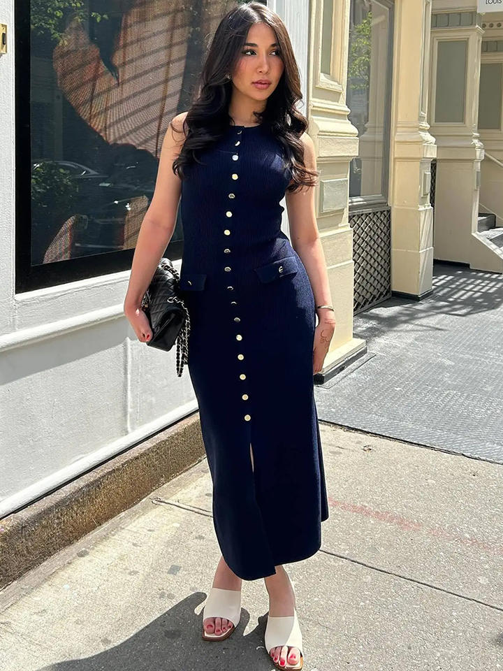 Apolline Sleeveless Bodycon Ribbed Knit Sweater Midi Dress