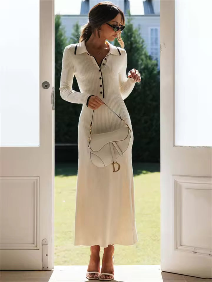Ravinella Button Front Long Sleeve Fitted Ribbed Knit Sweater Maxi Dress