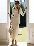 Ravinella Button Front Long Sleeve Fitted Ribbed Knit Sweater Maxi Dress