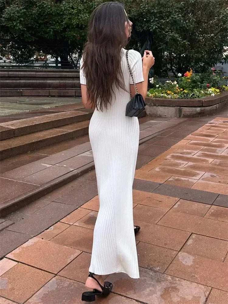 Beata Long Sleeve Slim Fit Ribbed Knit Sweater Maxi Dress