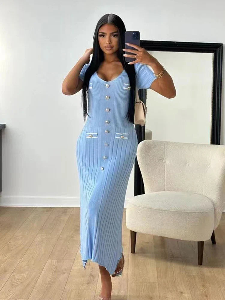 Bertina Short Sleeve Slim Ribbed Knit Sweater Maxi Dress