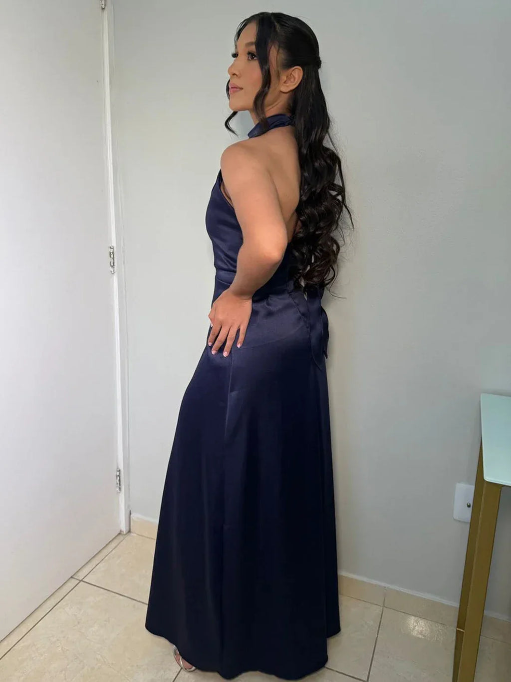 Basilia Satin Halter Homecoming Maxi Dress