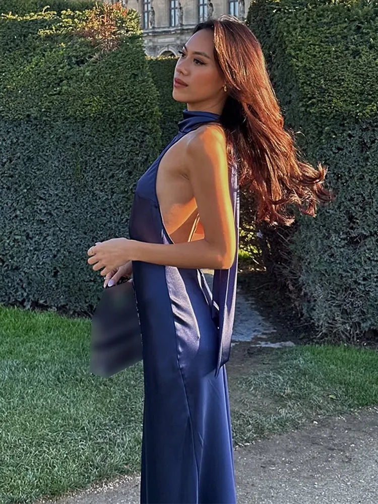 Basilia Satin Halter Homecoming Maxi Dress