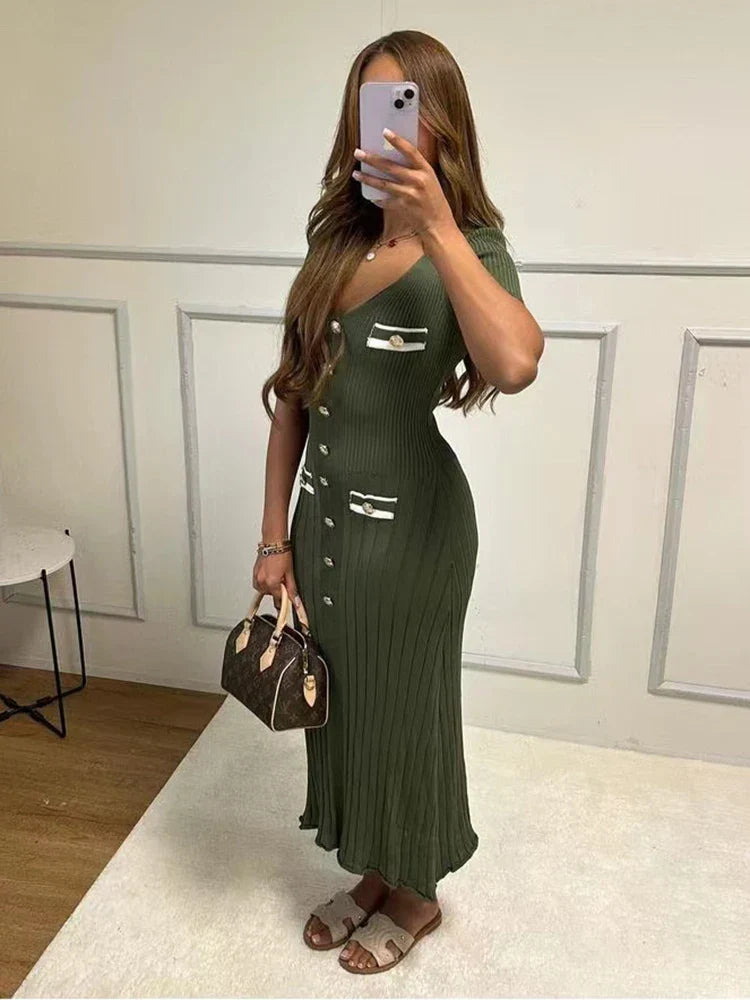 Bertina Short Sleeve Slim Ribbed Knit Sweater Maxi Dress