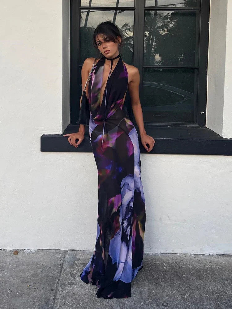 Celinda Watercolor Print Halter Maxi Dress