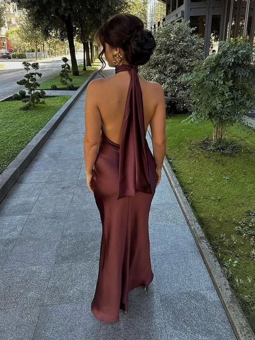 Basilia Satin Halter Homecoming Maxi Dress