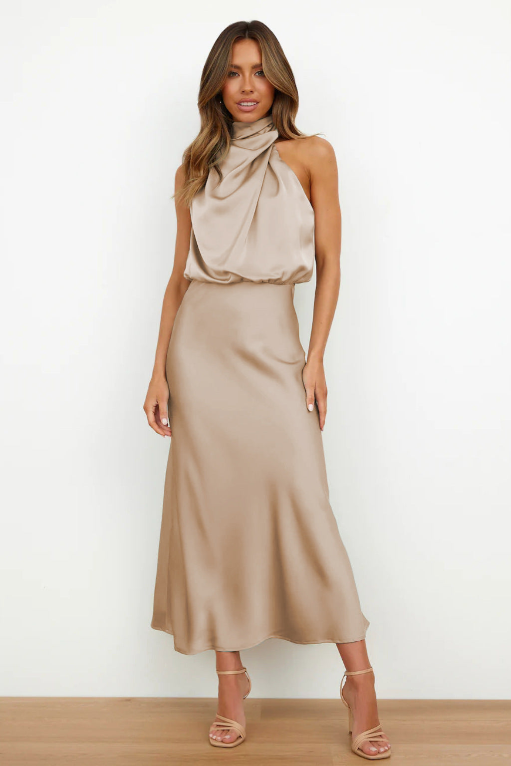 Carlina Satin Halter Wedding Guest Maxi Dress