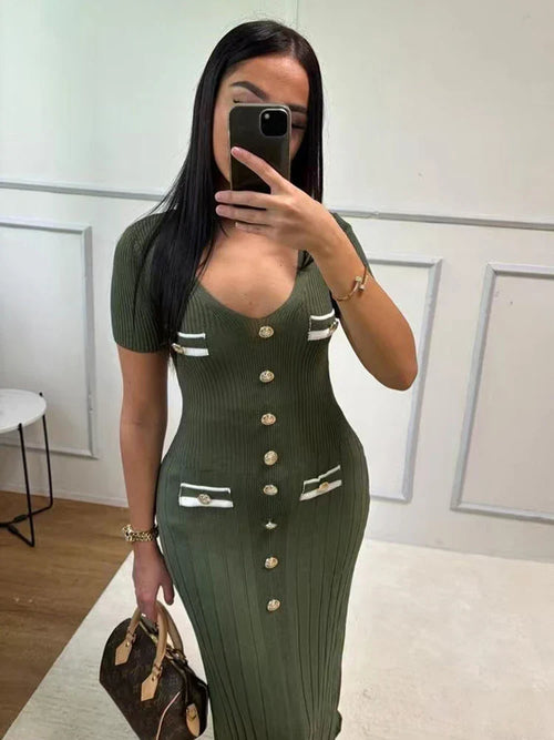 Bertina Short Sleeve Slim Ribbed Knit Sweater Maxi Dress