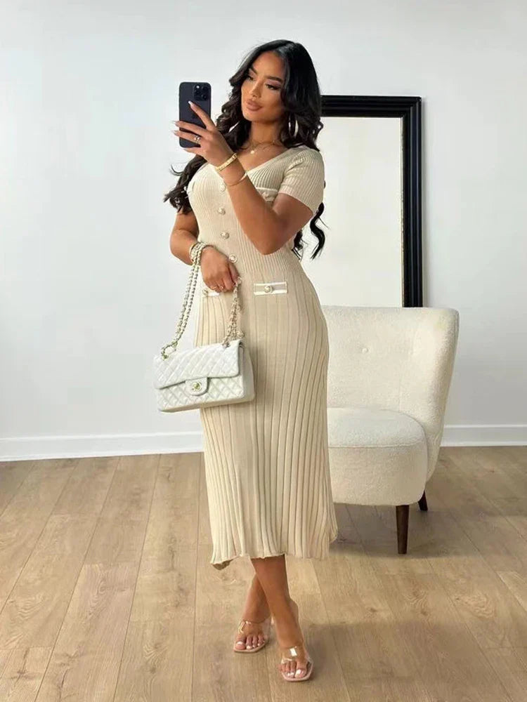 Bertina Short Sleeve Slim Ribbed Knit Sweater Maxi Dress