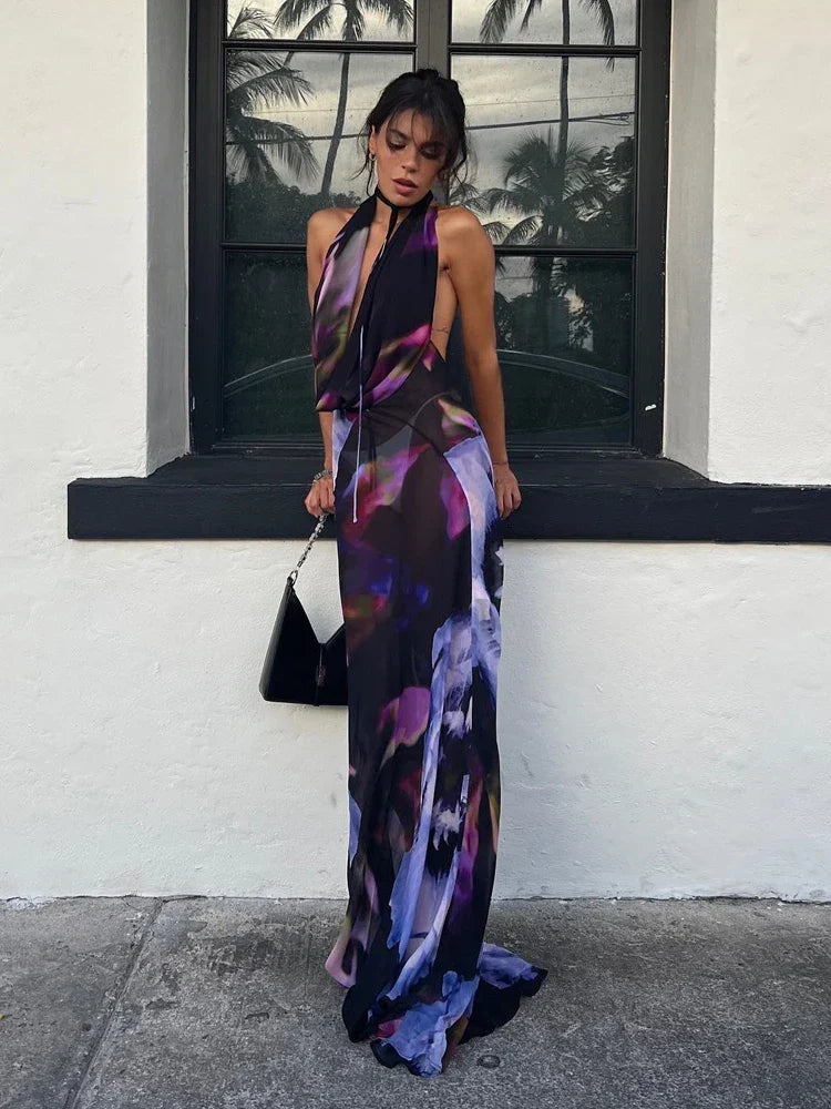 Celinda Watercolor Print Halter Maxi Dress
