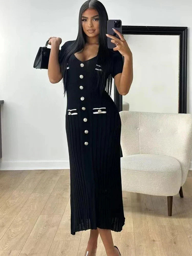 Bertina Short Sleeve Slim Ribbed Knit Sweater Maxi Dress