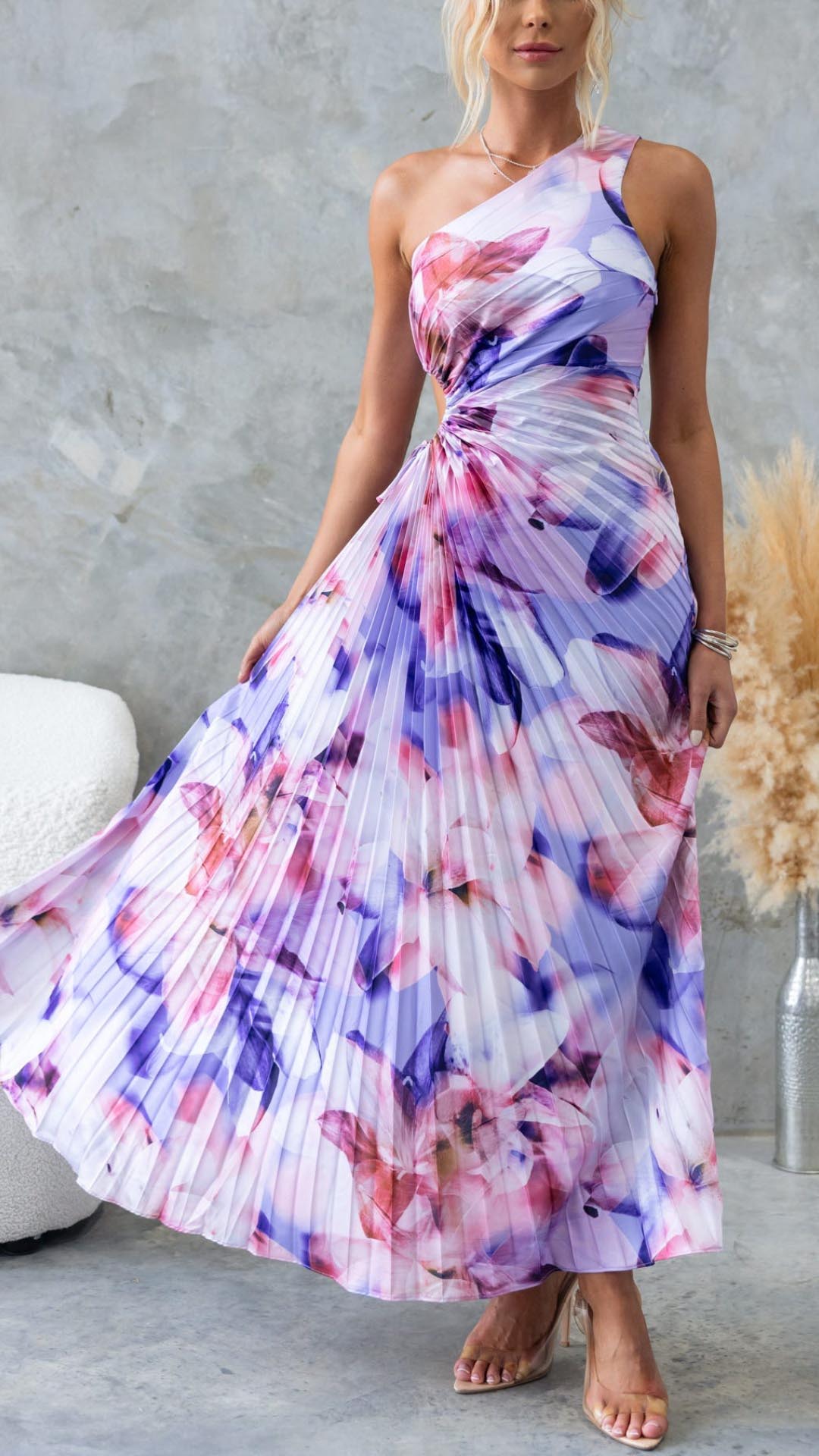 Stella Floral Pleated One-Shoulder Maxi