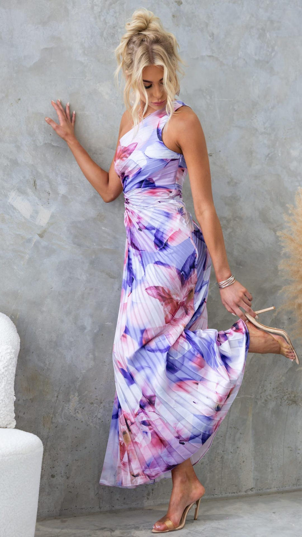 Stella Floral Pleated One-Shoulder Maxi