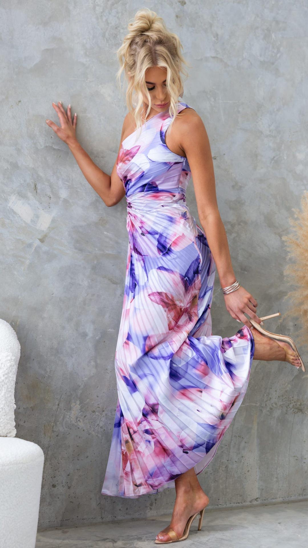 Stella Floral Pleated One-Shoulder Maxi