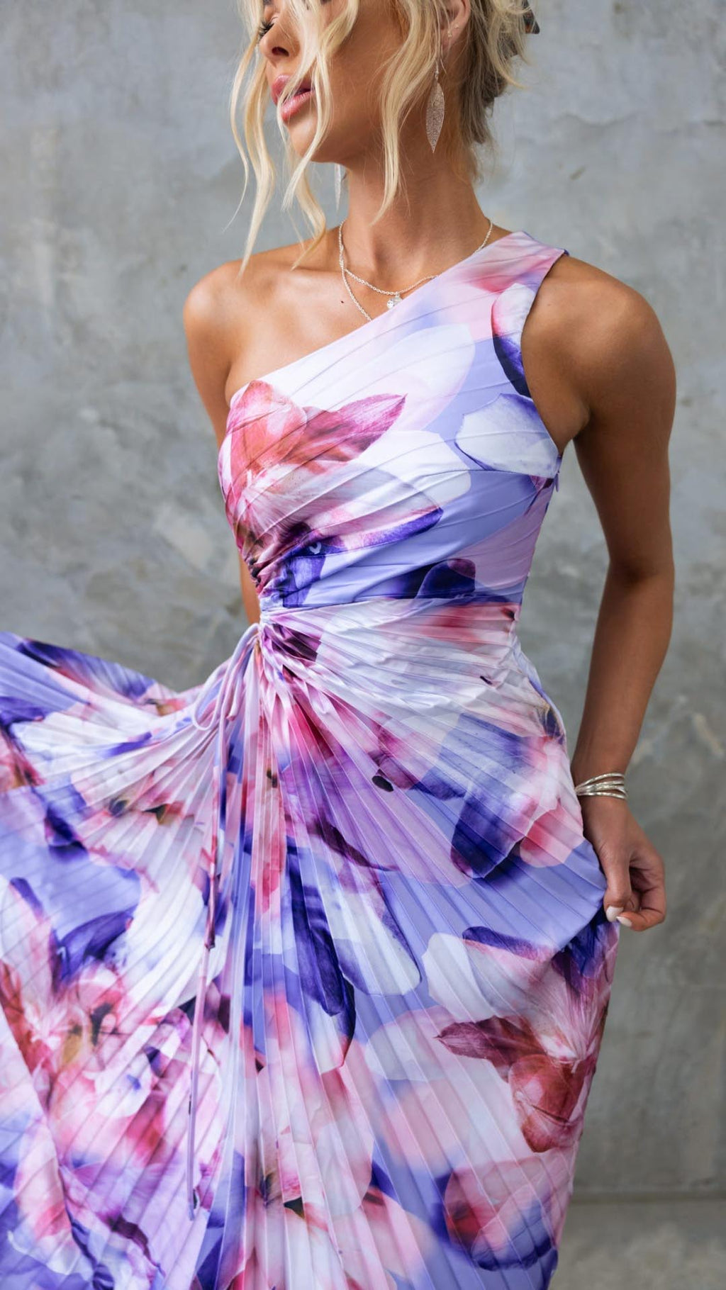 Stella Floral Pleated One-Shoulder Maxi
