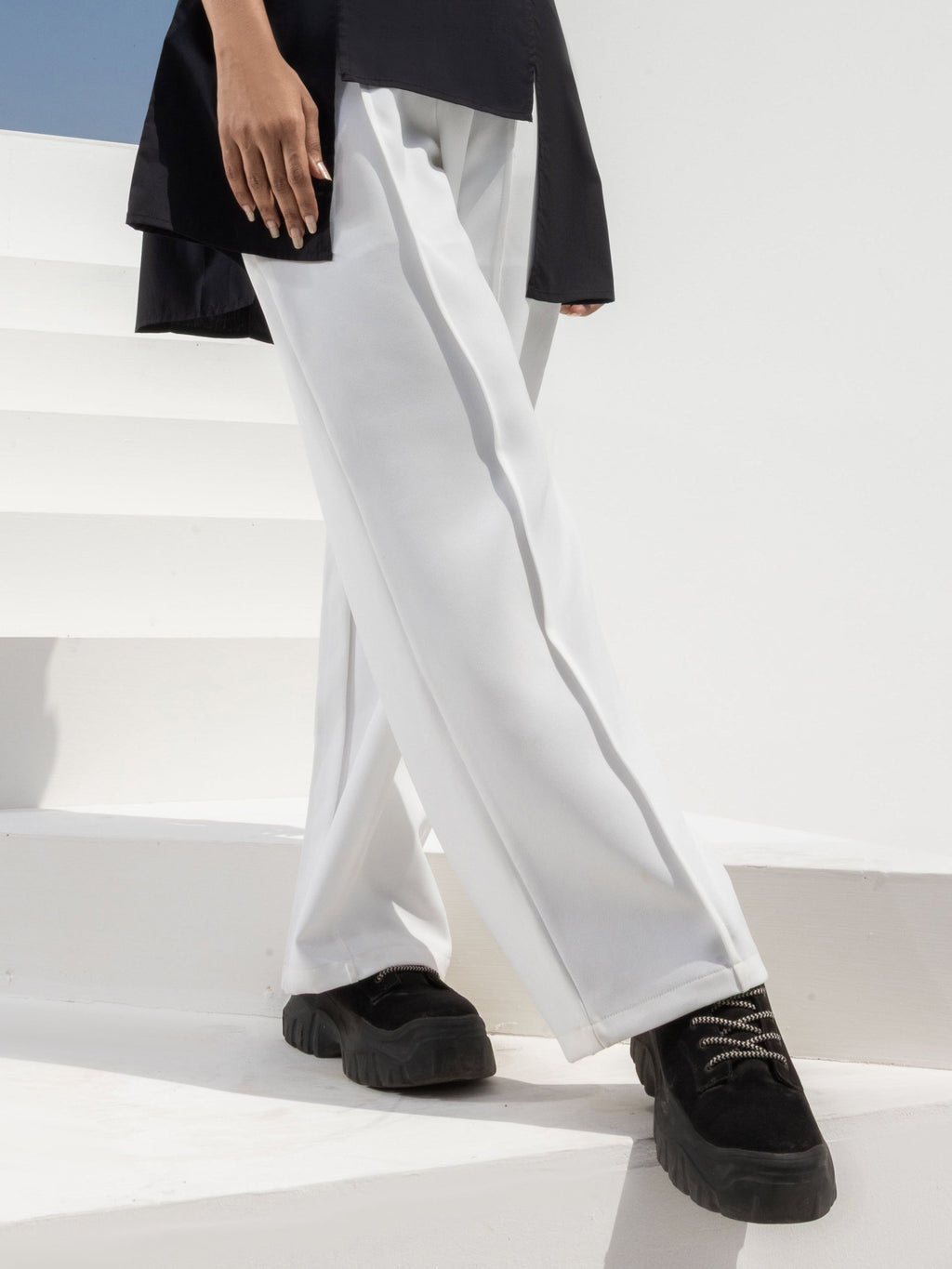 White Pleated Wide Leg Trousers