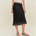 Adelora Lace Trim Satin Midi Skirt