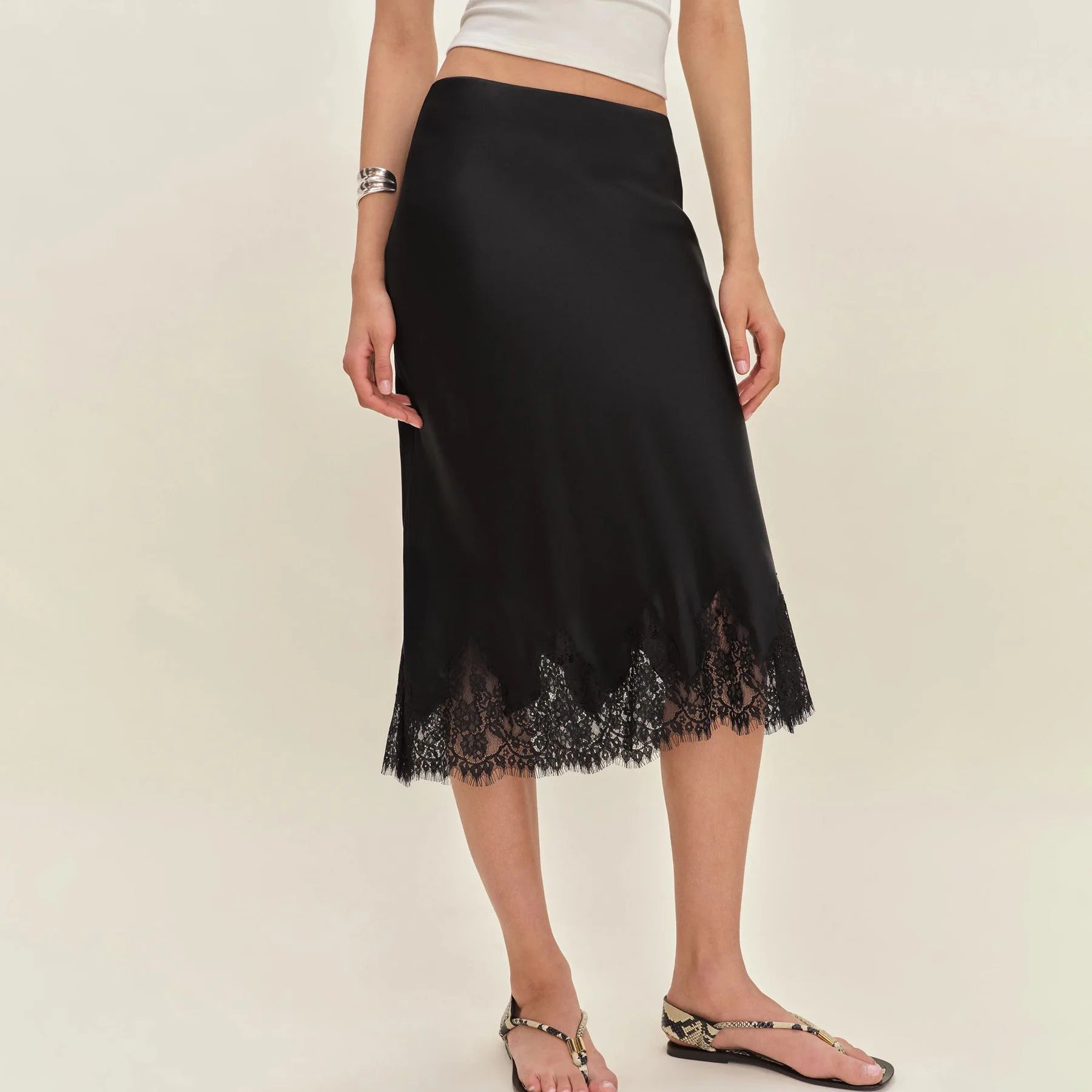 Adelora Lace Trim Satin Midi Skirt