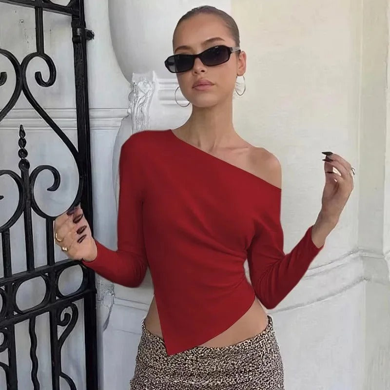 Elvienne Asymmetrical Ruched Long Sleeve Top