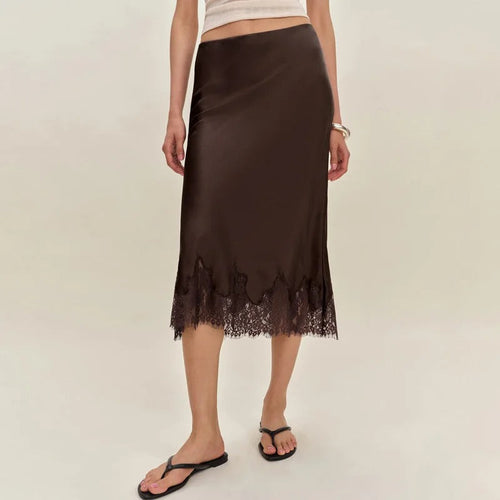 Adelora Lace Trim Satin Midi Skirt