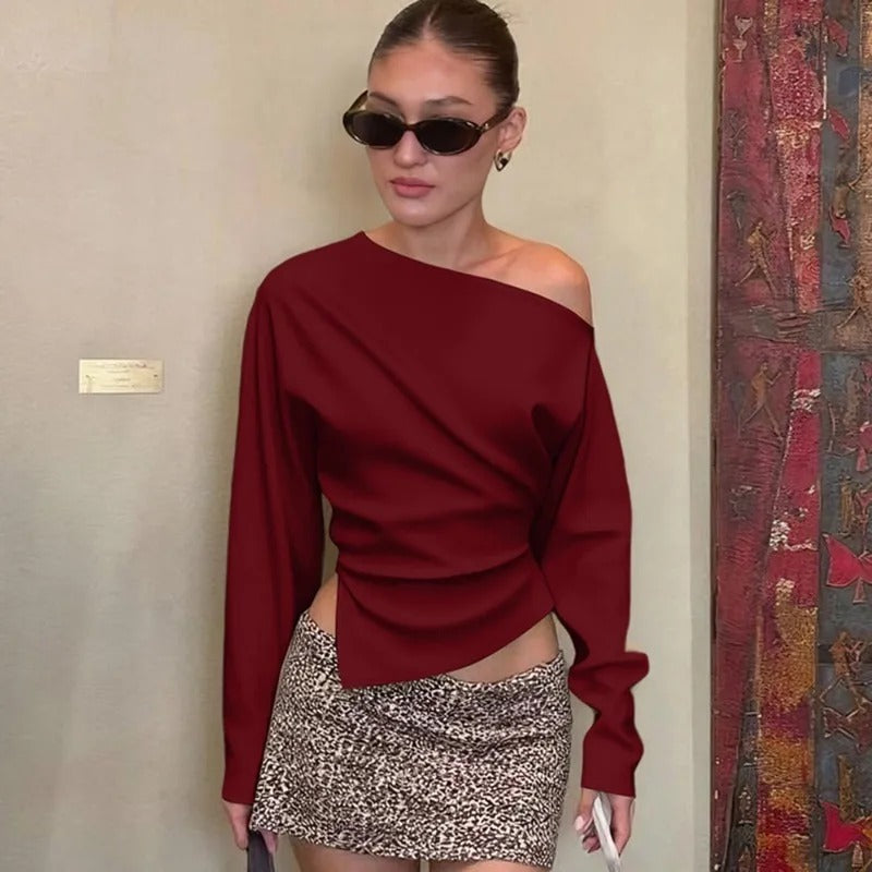 Elvienne Asymmetrical Ruched Long Sleeve Top