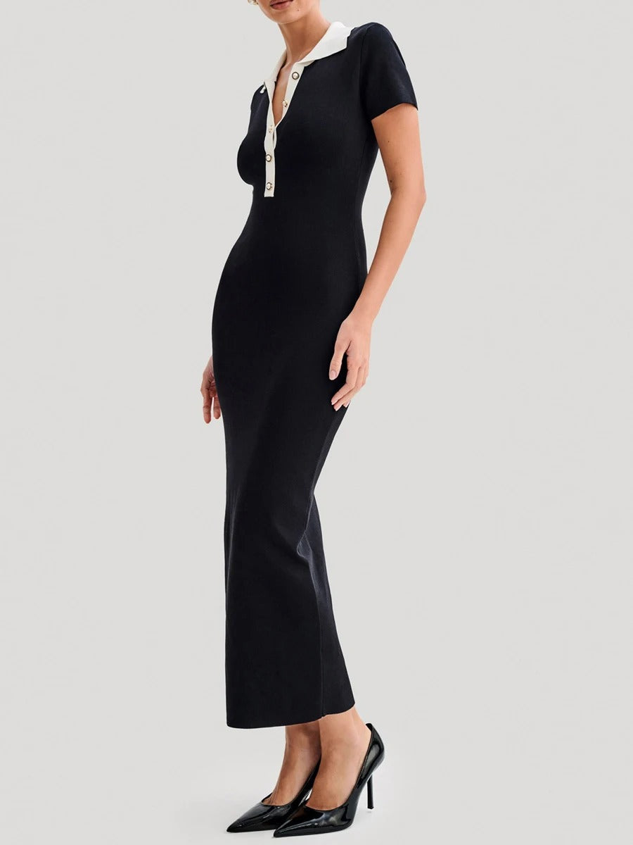 Fleur Short Sleeve Polo Neck Ribbed Knit Sweater Maxi Dress