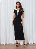 Fleur Short Sleeve Polo Neck Ribbed Knit Sweater Maxi Dress