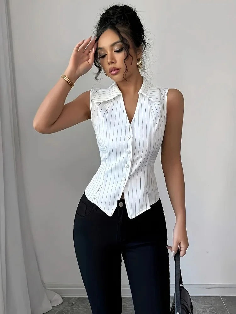 Arlienne Stripe Tailored Sleeveless Button Blouse