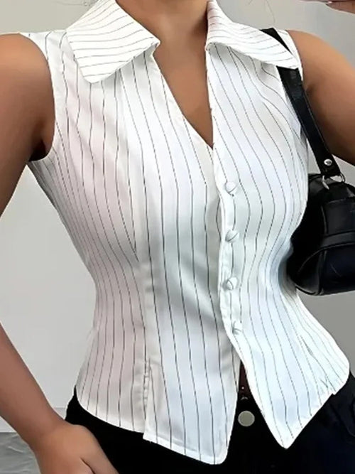 Arlienne Stripe Tailored Sleeveless Button Blouse