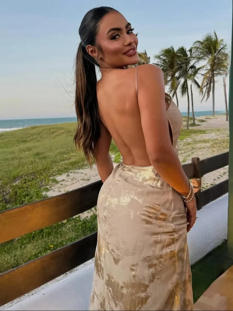 Orelenia Gold Metallic Party Maxi Dress