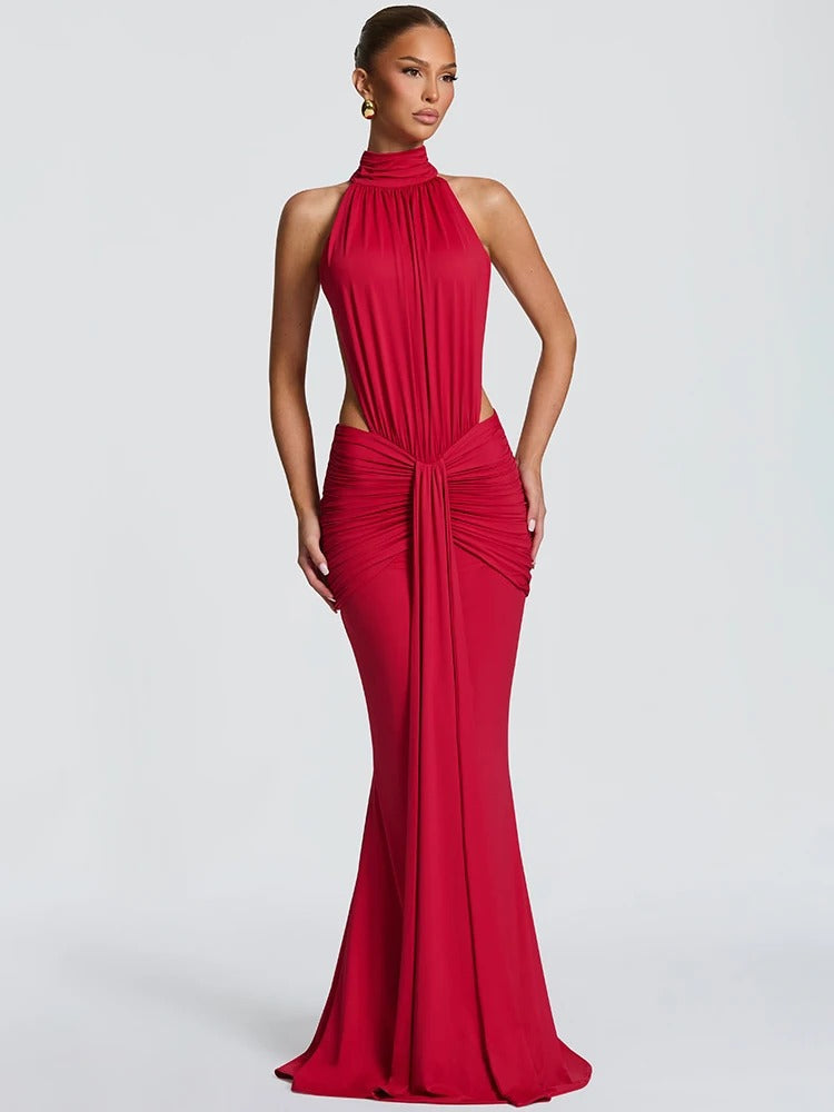Catalina Ruched Halter Wedding Guest Maxi Dress