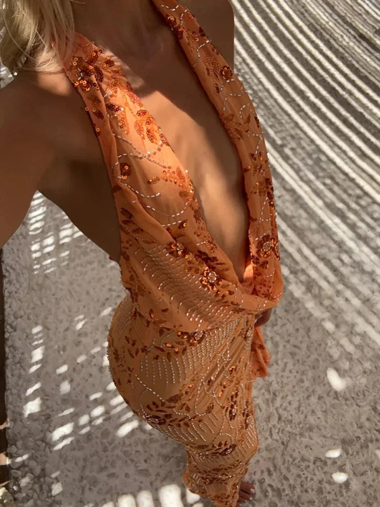 Rosamund Sparkly Halter Summer Cocktail Maxi Dress
