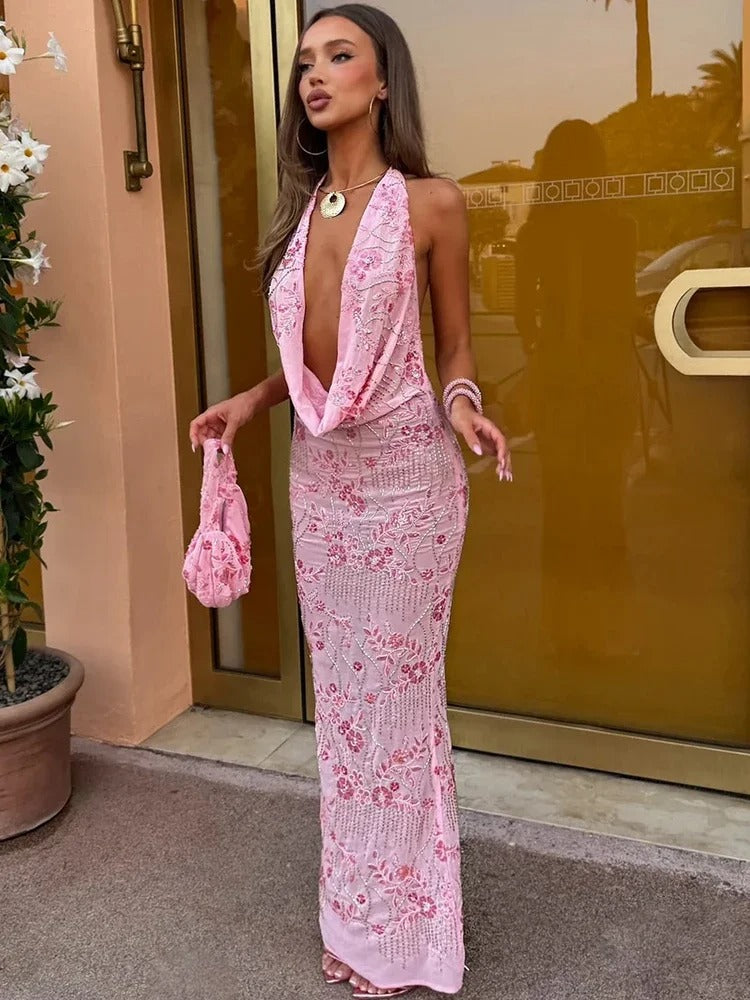 Rosamund Sparkly Halter Summer Cocktail Maxi Dress