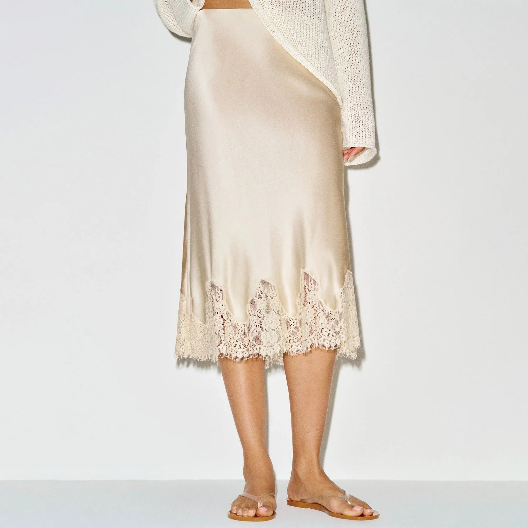 Adelora Lace Trim Satin Midi Skirt