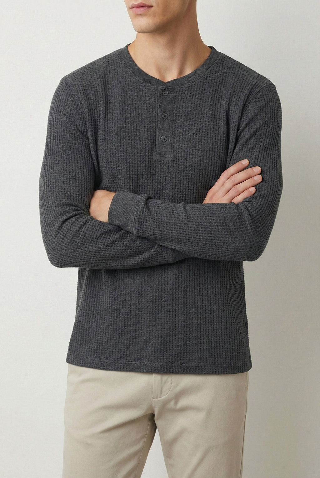 Smoke Grey Waffle Knit Full Sleeve Henley