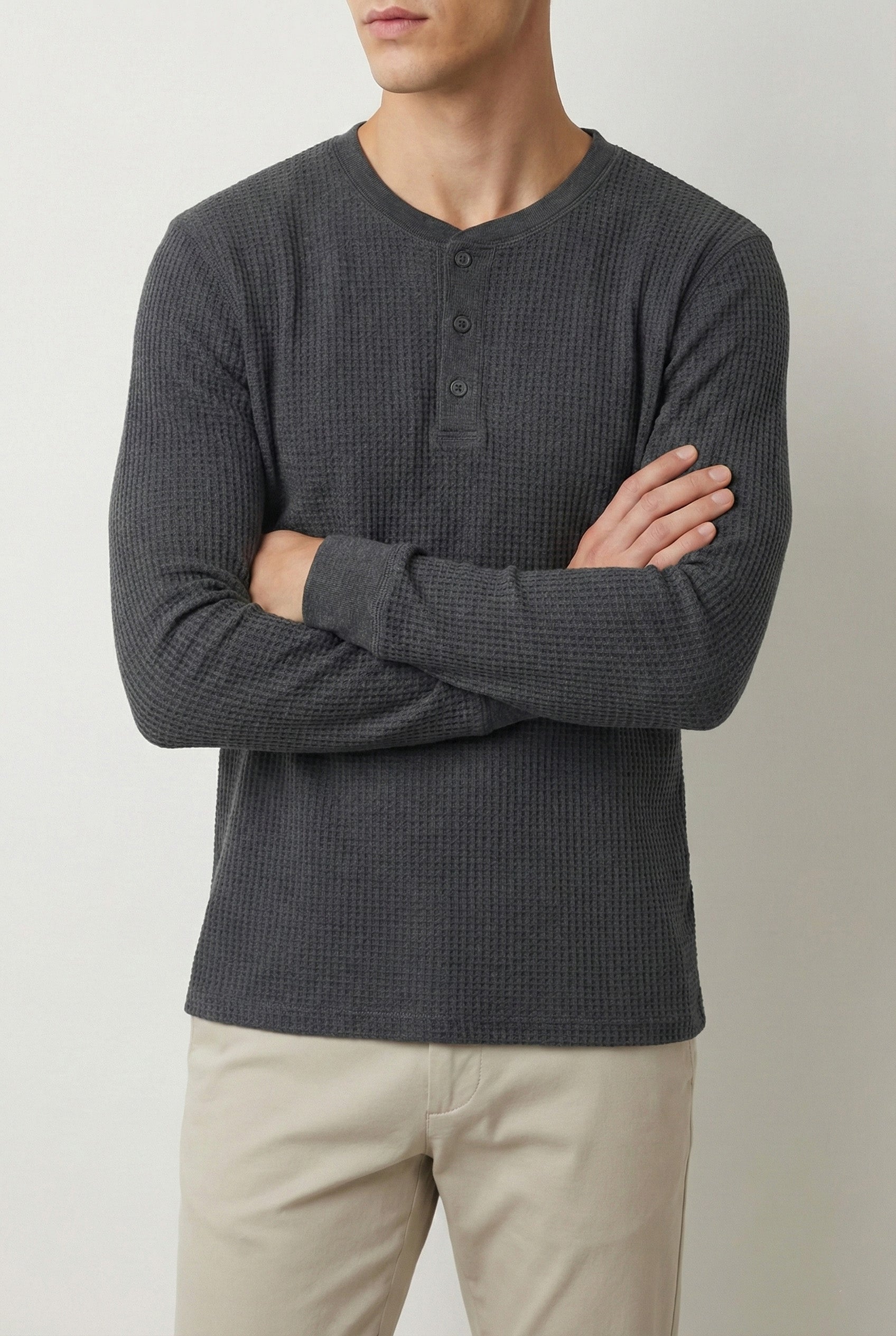 Smoke Grey Waffle Knit Full Sleeve Henley
