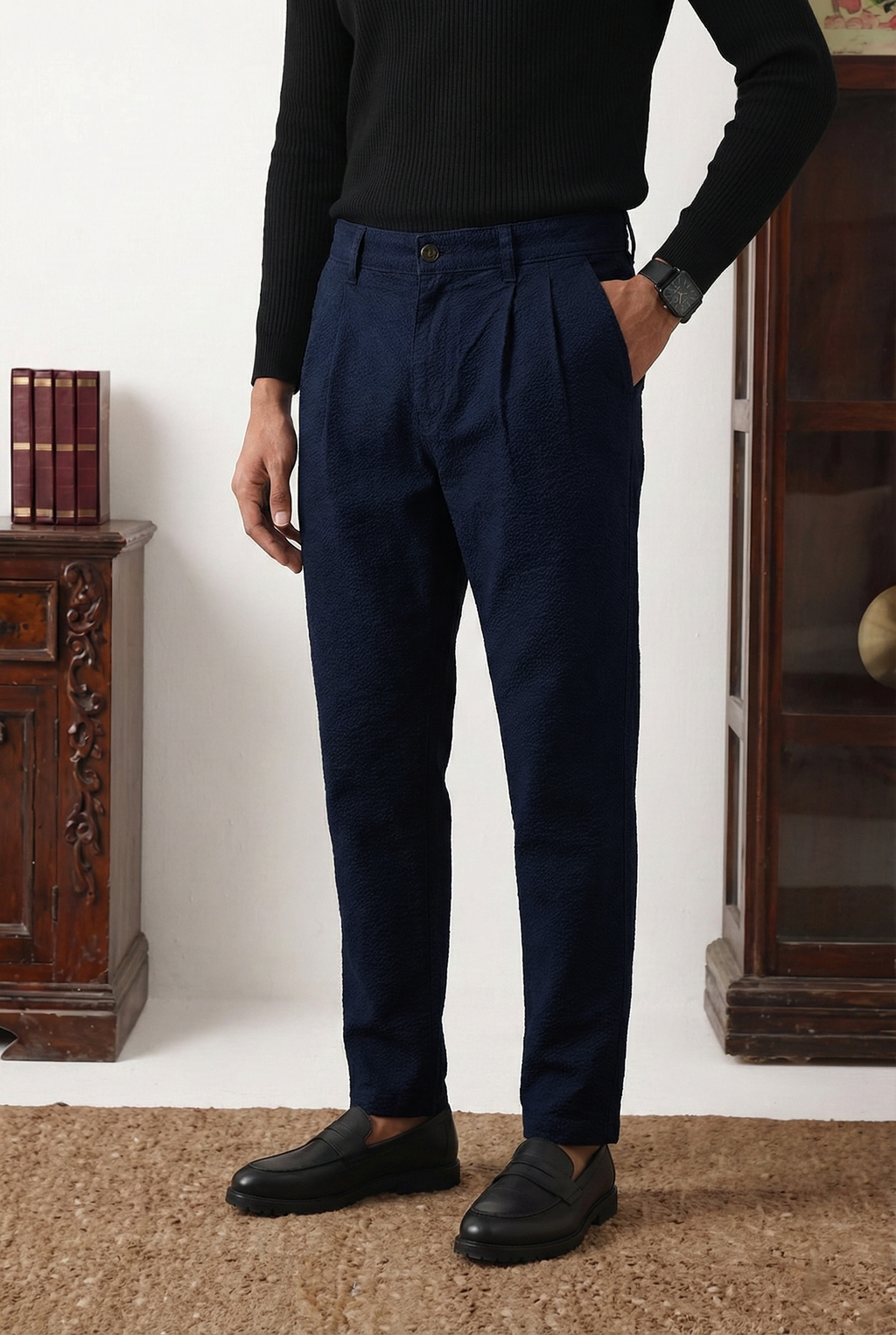 Teal Twill Straight Fit Pleated Pants